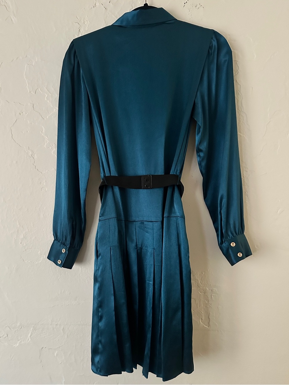 Karl Lagerfeld Teal Satin Long-Sleeve Button-Down Belted Midi Shirt Dress - Picture 13 of 15
